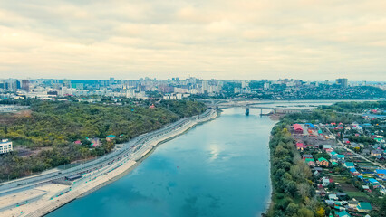Ufa, Russia. Belaya river. Belsky bridge, Aerial View