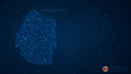 Fototapeta na wymiar Map of Swaziland modern design with polygonal shapes on dark blue background. Business wireframe mesh spheres from flying debris. Blue structure style vector illustration concept