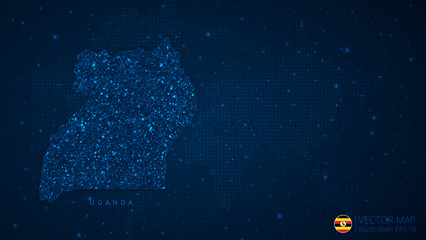 Fototapeta na wymiar Map of Uganda modern design with polygonal shapes on dark blue background. Business wireframe mesh spheres from flying debris. Blue structure style vector illustration concept