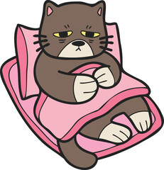 Hand Drawn sick cat sleeping on pillow illustration in doodle style