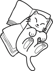 Hand Drawn cat lying on stack of books illustration in doodle style