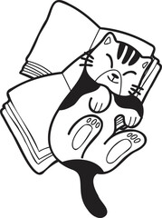 Hand Drawn striped cat lying on stack of books illustration in doodle style