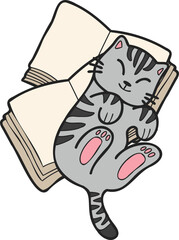 Hand Drawn striped cat lying on stack of books illustration in doodle style
