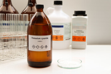 potassium cyanide in bottle , chemical in the laboratory and industry