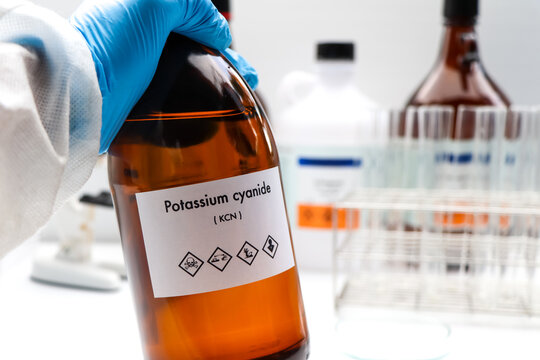 potassium cyanide in bottle , chemical in the laboratory and industry