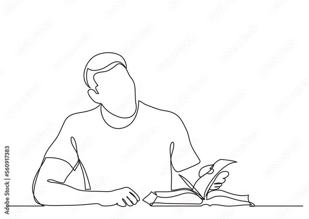 Sticker continuous line drawing young  man sitting reading book - PNG image with transparent background