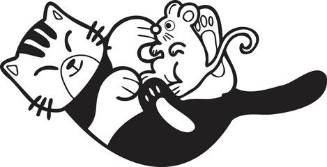 Hand Drawn striped cat and mouse illustration in doodle style