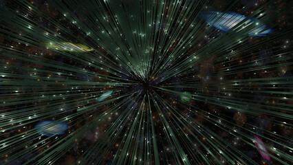 Light speed starships through star field and galaxy (3D Rendering)