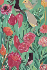 Obraz premium Flowers, leaves and branches. Hand drawn tropical floral watercolor vector illustration for fabric. Vector background for your poster, web and banner.