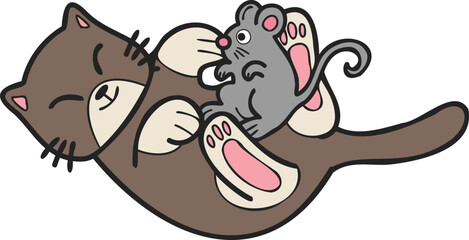 Hand Drawn cat and mouse illustration in doodle style