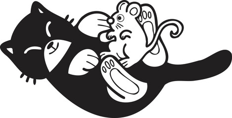 Hand Drawn cat and mouse illustration in doodle style