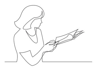 continuous line drawing woman reading printed magazine - PNG image with transparent background