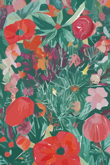 Obraz premium Red flowers, leaves and branches. Hand drawn tropical floral watercolor vector illustration for fabric. Vector background for your poster, web and banner.