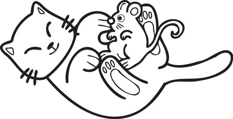 Hand Drawn cat and mouse illustration in doodle style