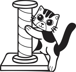 Hand Drawn striped cat with cat climbing pole illustration in doodle style