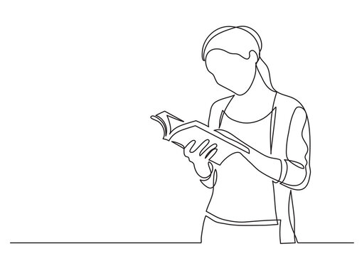 continuous line drawing woman standing reading book - PNG image with transparent background