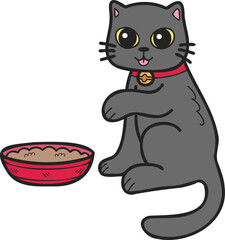 Hand Drawn cat eating food illustration in doodle style