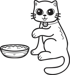 Hand Drawn cat eating food illustration in doodle style