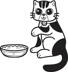 Hand Drawn striped cat eating food illustration in doodle style