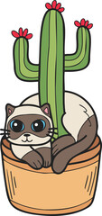 Fototapeta premium Hand Drawn cat and cactus illustration in doodle style