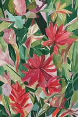 Red flowers, leaves and branches. Hand drawn tropical floral watercolor vector illustration for fabric. Vector background for your poster, web and banner.