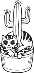 Hand Drawn striped cat and cactus illustration in doodle style