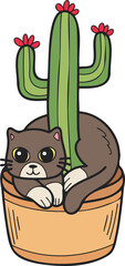 Hand Drawn cat and cactus illustration in doodle style