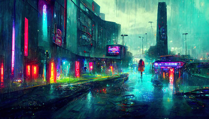 Fototapeta na wymiar Wet road in rainy street in future cyberpunk city with neon lights