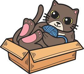 Hand Drawn cat playing with yarn in a box illustration in doodle style