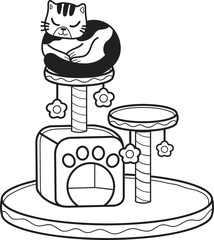 Hand Drawn striped cat with cat climbing pole illustration in doodle style