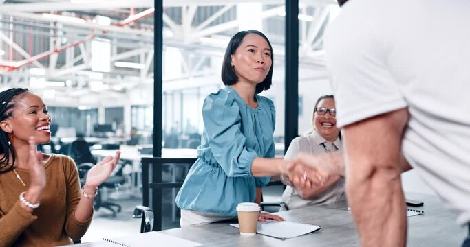 Business woman, diversity handshake and clapping in meeting success, promotion celebration or thank you. Corporate asian partnership, shaking hands and b2b onboarding, congratulations or job welcome