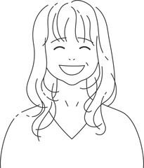 笑う中年の女性3｜線画・ロングヘア