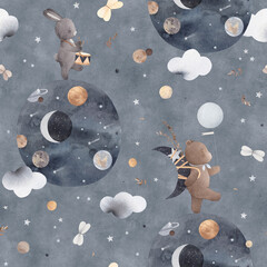 Cute bunny and bear are dreaming about space. Space adventure. Beautiful pattern for a child's room. Dark background.