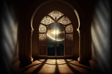 Moonlight shine through the window of an islamic mosque. Festive greeting card for Ramadan Kareem.