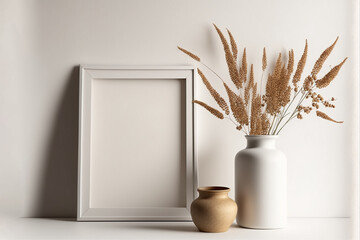 Picture frame mockup with vase and dry plants on beige wall.