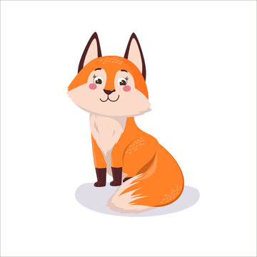 Cute happy little fox is a funny cartoon character for a children's greeting card template, a happy birthday invitation. Vector illustration isolated on a white background