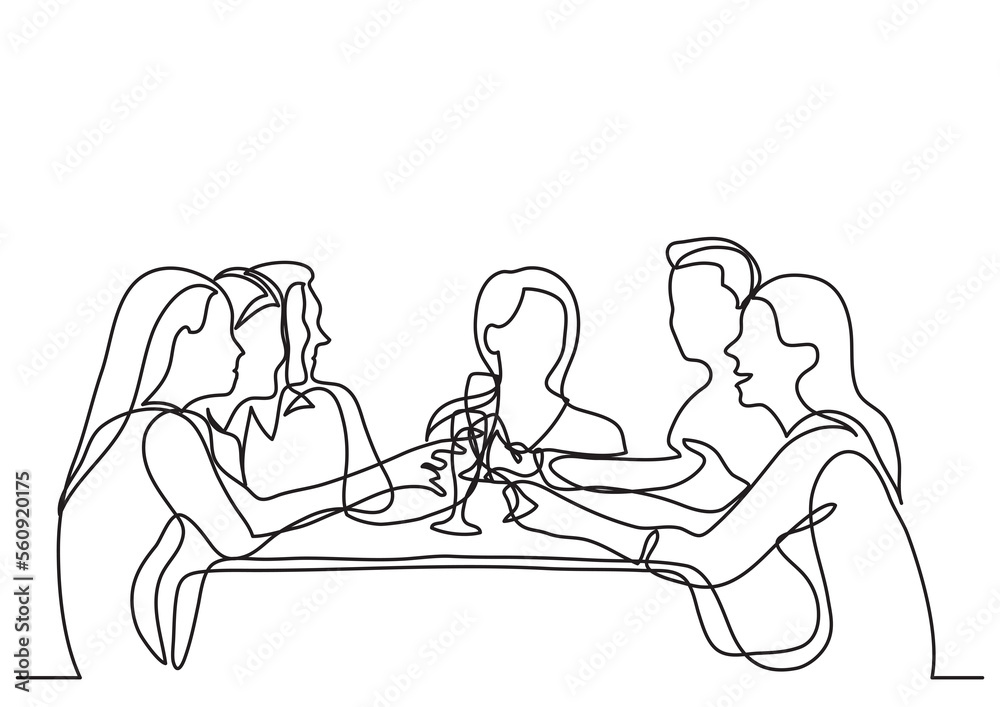 Wall mural continuous line drawing company of friends dining in restaurant - PNG image with transparent background