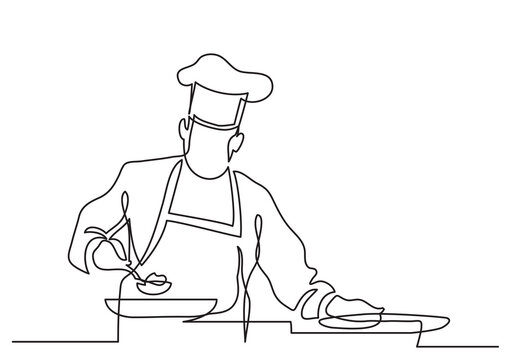 continuous line drawing chef preparing food - PNG image with transparent background