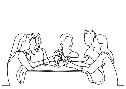 continuous line drawing company of friends dining in restaurant - PNG image with transparent background