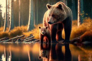 Beautiful female bear with a bear cub in the taiga Generative AI - obrazy, fototapety, plakaty