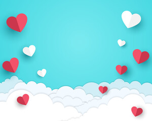 Poster or banner with blue sky and paper cut clouds. Place for text. Happy Valentine's day sale header or voucher template with hanging hearts.