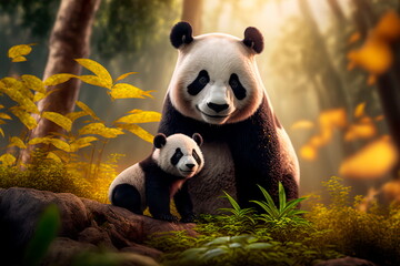 Obraz premium Beautiful panda with a baby panda happy together in Chinese park, realistic digital illustration. Generative AI
