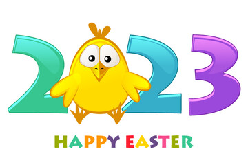 Happy easter 2023 postcard, cute chick with inscription.