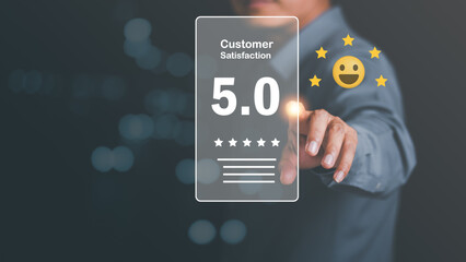 customer service and satisfaction concept,service satisfaction,very impressive rating,Evaluation and Audit,Consumer and 5 star icon,Represents the highest quality in terms of products and services.