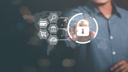 businessman connected network with virtual icon,internet security concept, cyber security online, digital security unlocking or encryption, secure login authorization,Protecting data from theft