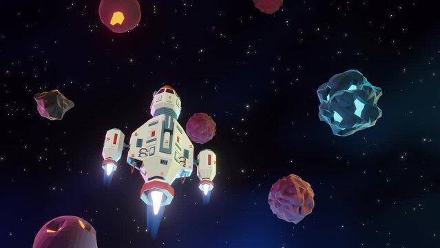 3d spaceship flies in space among asteroids. Space shuttle among the stars and planets is an arcade game. Looped 3d animation.