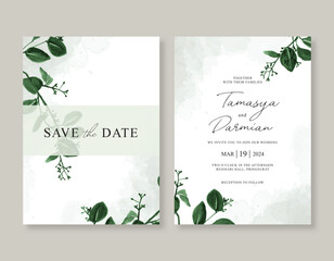 Wedding invitation template with watercolor leaves and splashes