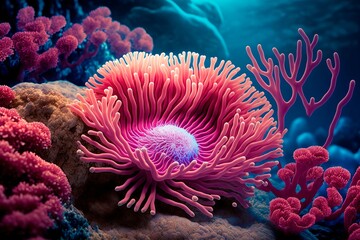 Fototapeta na wymiar corals of marine aquarium. Flower sea living coral and reef color under deep dark water of sea ocean environment. Generative AI
