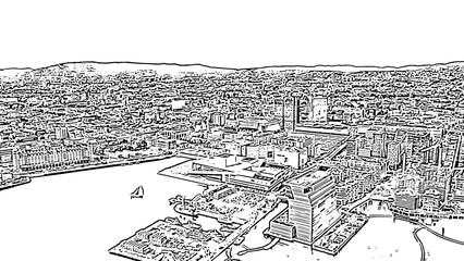 Oslo, Norway. City center from the air. Embankment Oslo Fjord. Doodle sketch style. Aerial view