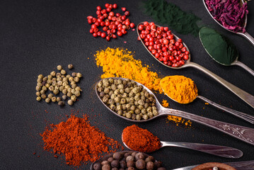 Several types of spices in metal spoons paprika, tomatoes, curry, beets, cumin, turmeric, fennel, spirulina